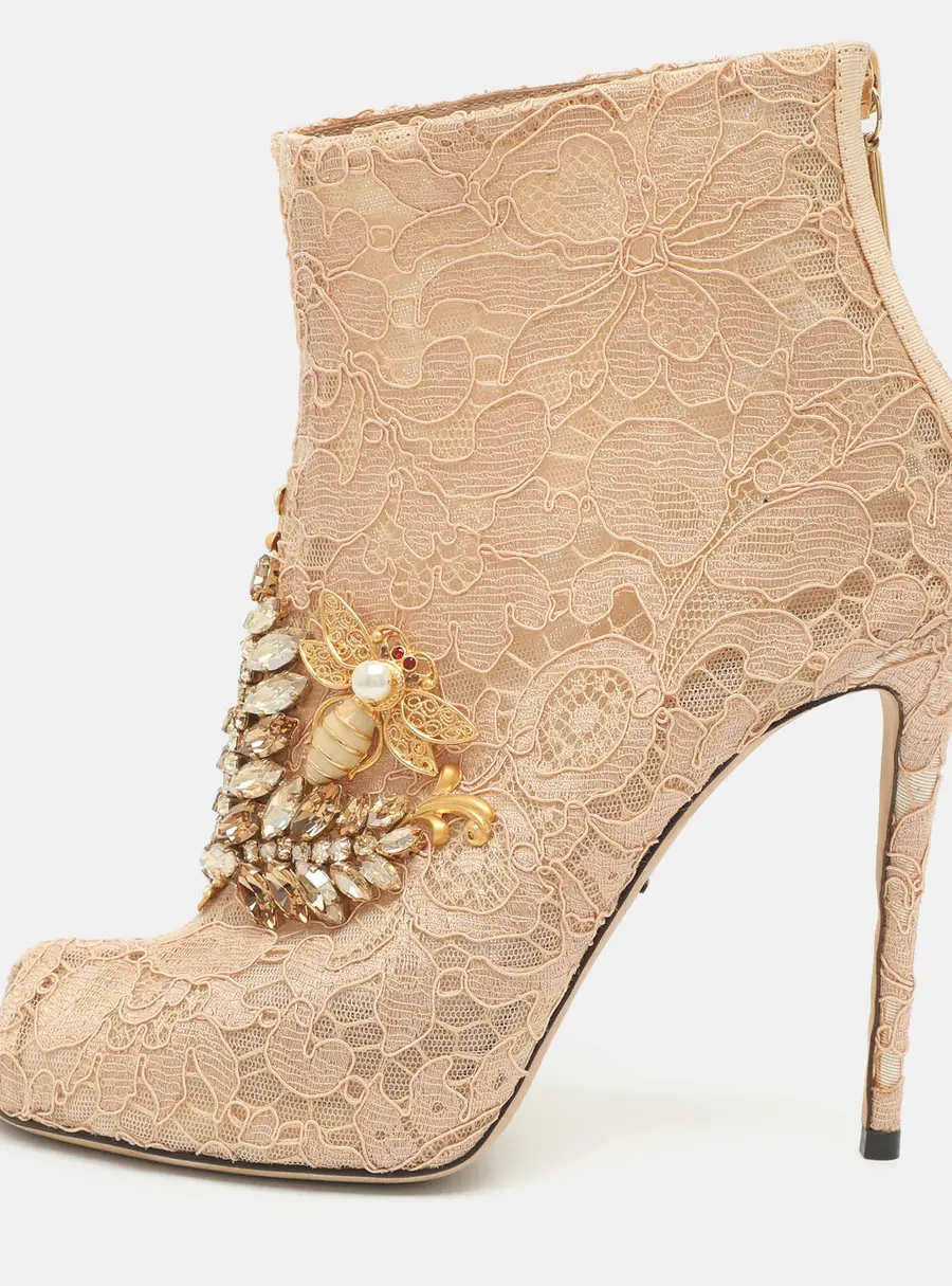 Dolce & Gabbana Bette Size 37 Beige Lace Peep Toe Ankle Length Boots