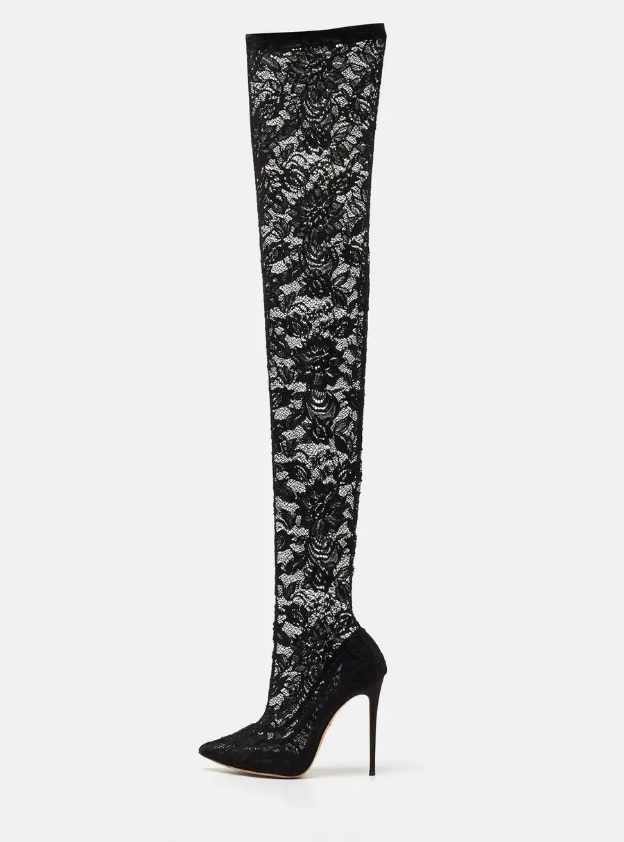Dolce & Gabbana Size 38 Black Lace and Mesh Knee Length Boots