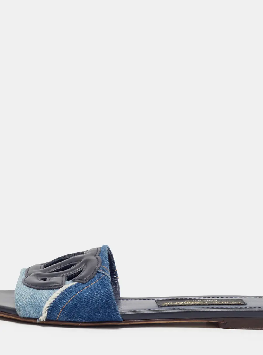 Dolce & Gabbana DG Logo Size 39 Navy Blue Denim and Leather Flat Sandals