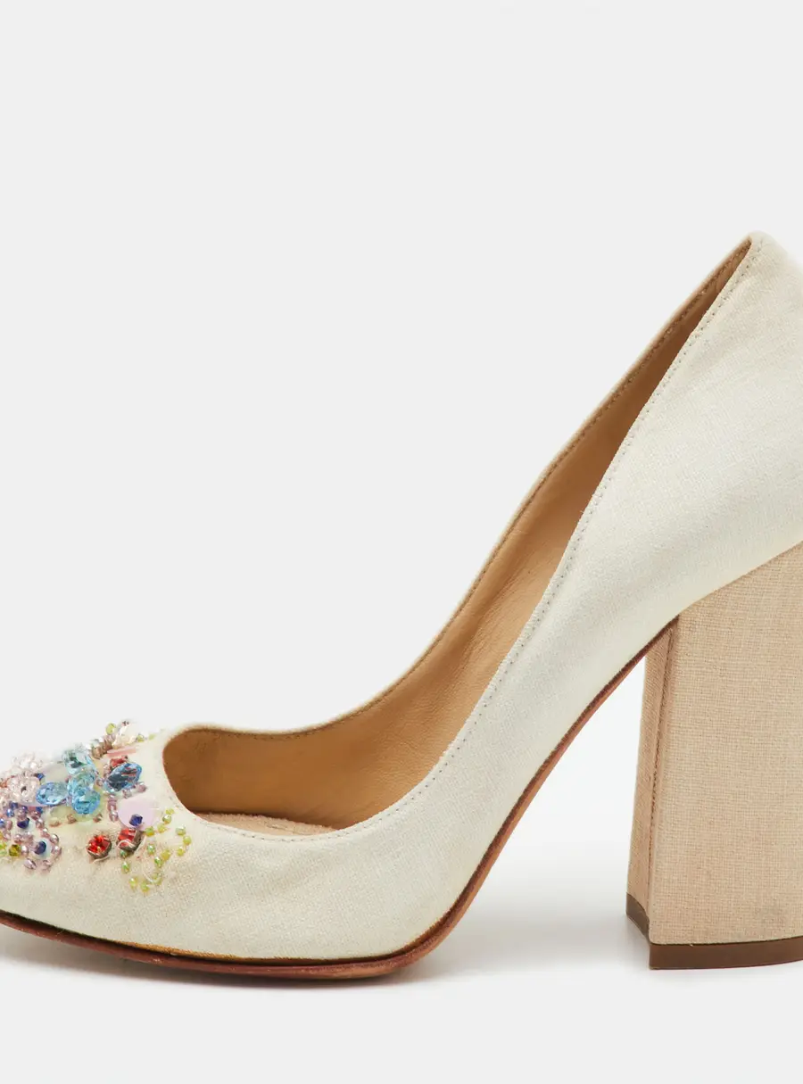 Dolce & Gabbana Size 37 Cream Canvas Embellished Round Toe Block Heel Pumps