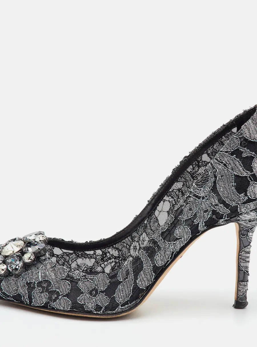 Dolce & Gabbana Bellucci Size 37 Metallic Grey Lace Crystal Embellished Pumps