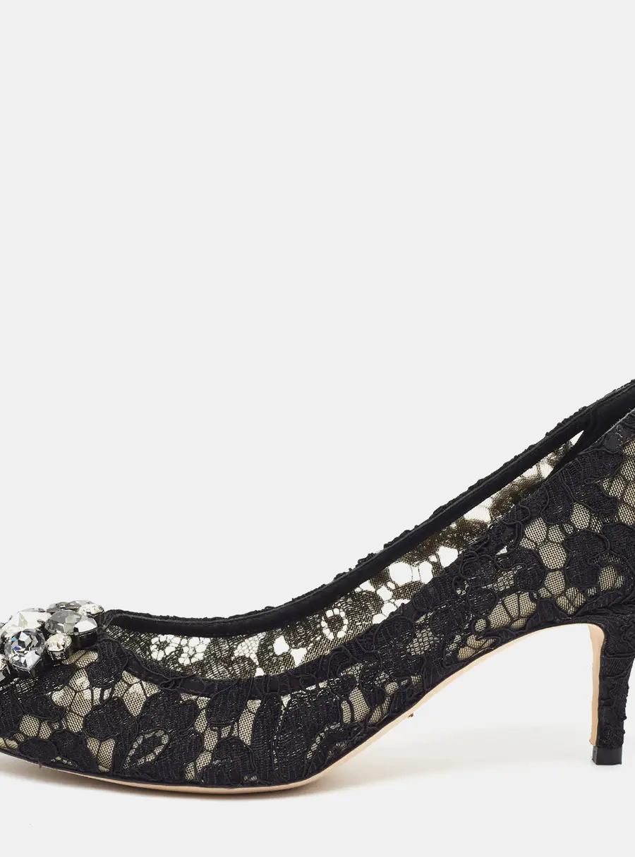Dolce & Gabbana Bellucci Size 38 Black Lace and Mesh Crystal Embellished Pumps
