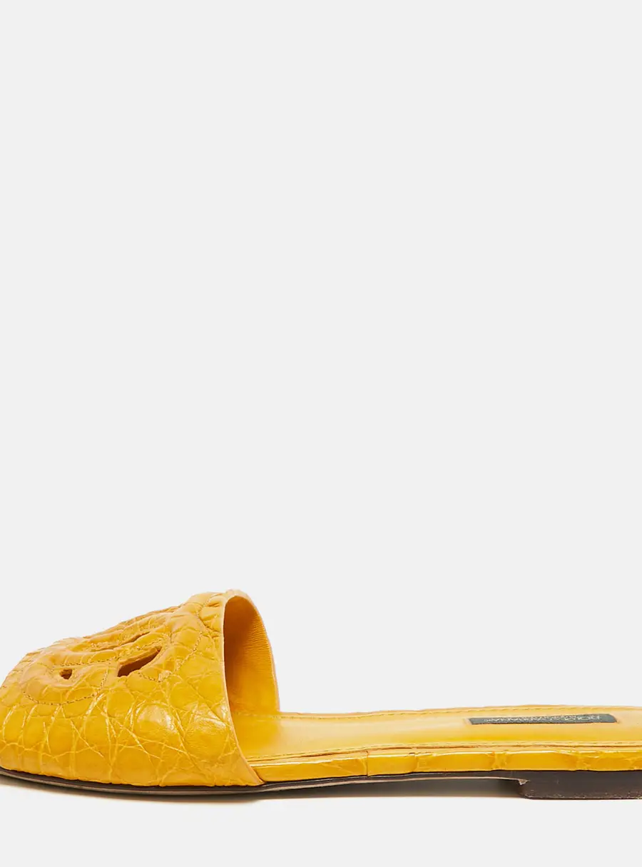 Dolce & Gabbana DG Logo Size 38.5 Yellow Croc Embossed Leather Flat Slides