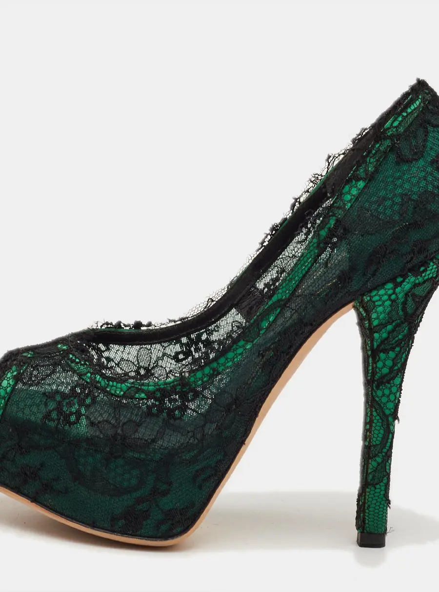 Dolce & Gabbana Size 35 Green/Black Lace Peep Toe Platform Pumps