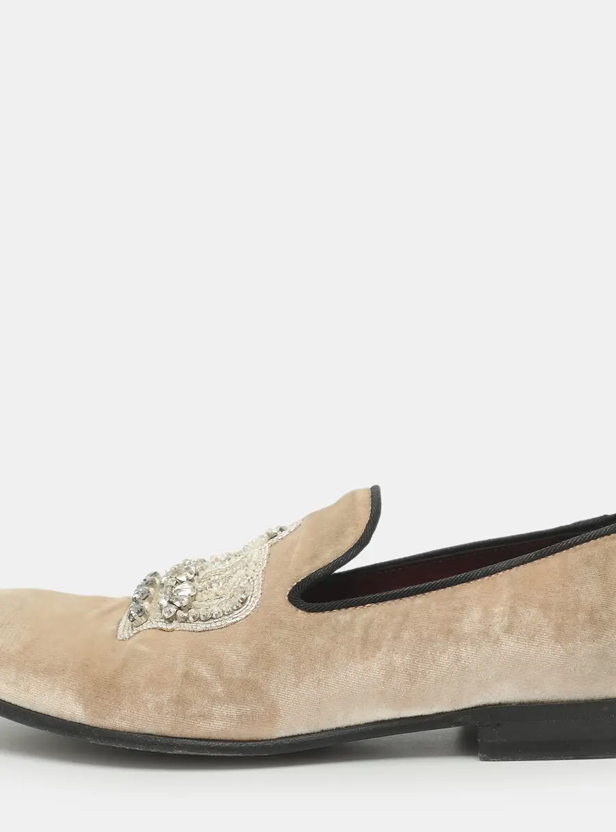 Dolce & Gabbana Embellished Size 37 Beige Velvet Smoking Slippers