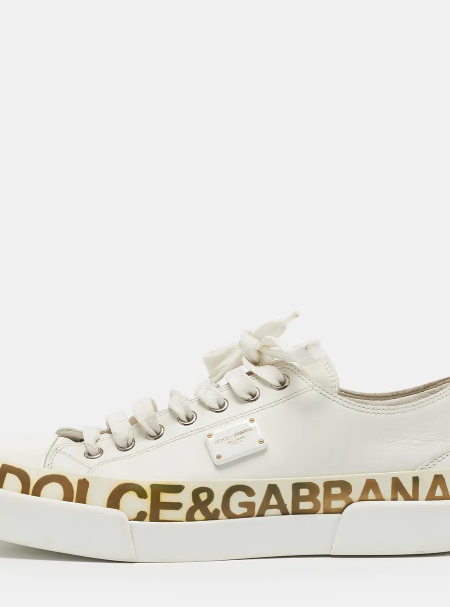 Dolce & Gabbana Portofino Size 40 White/Gold Leather and Rubber Lace Up Sneakers