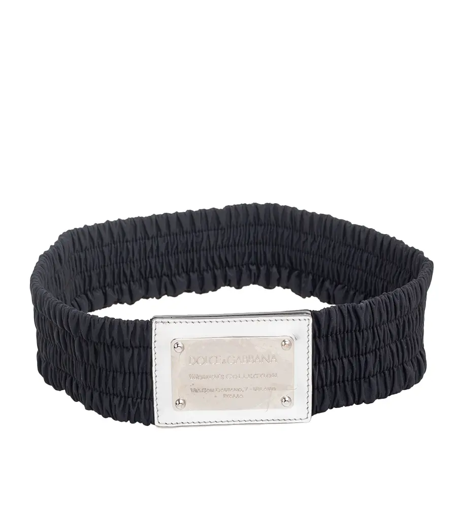 Dolce & Gabbana Black/Silver Fabric and Patent Leather Wide Waist Belt 75CM