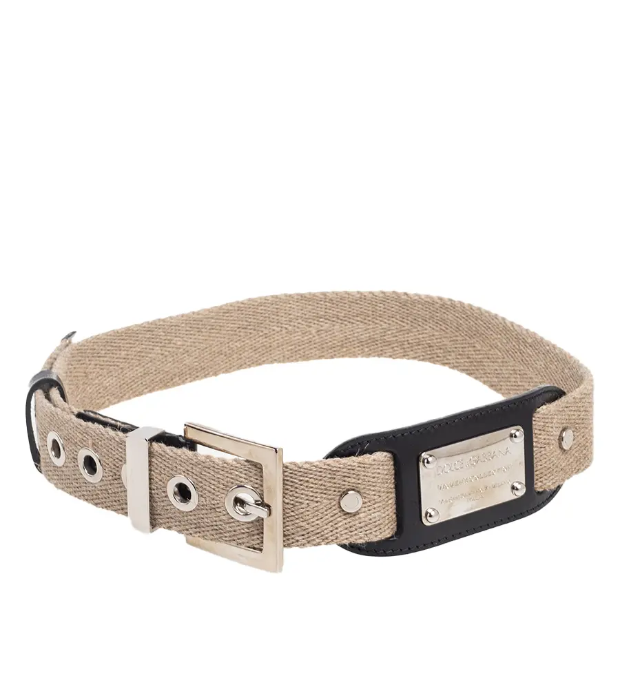Dolce & Gabbana Beige Canvas and Leather Plaque Detail Waist Belt 70CM