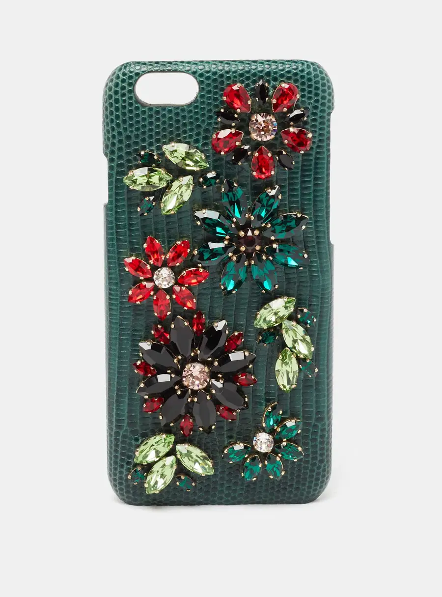 Dolce & Gabbana Green Lizard Embossed Leather Crystal Embellished iPhone 6 Case