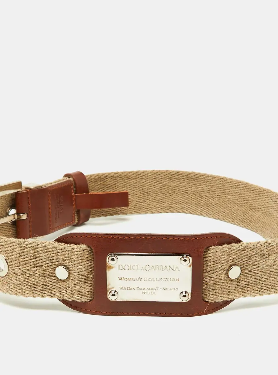 Dolce & Gabbana Beige Canvas and Leather Plaque Detail Waist Belt 65CM