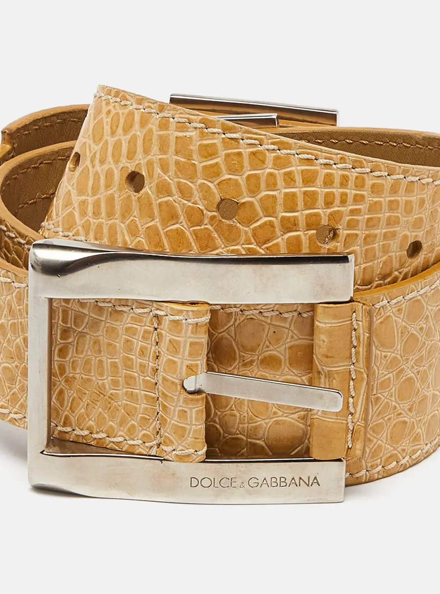 Dolce & Gabbana Buckle Belt Cream Crocodile Embossed Leather
