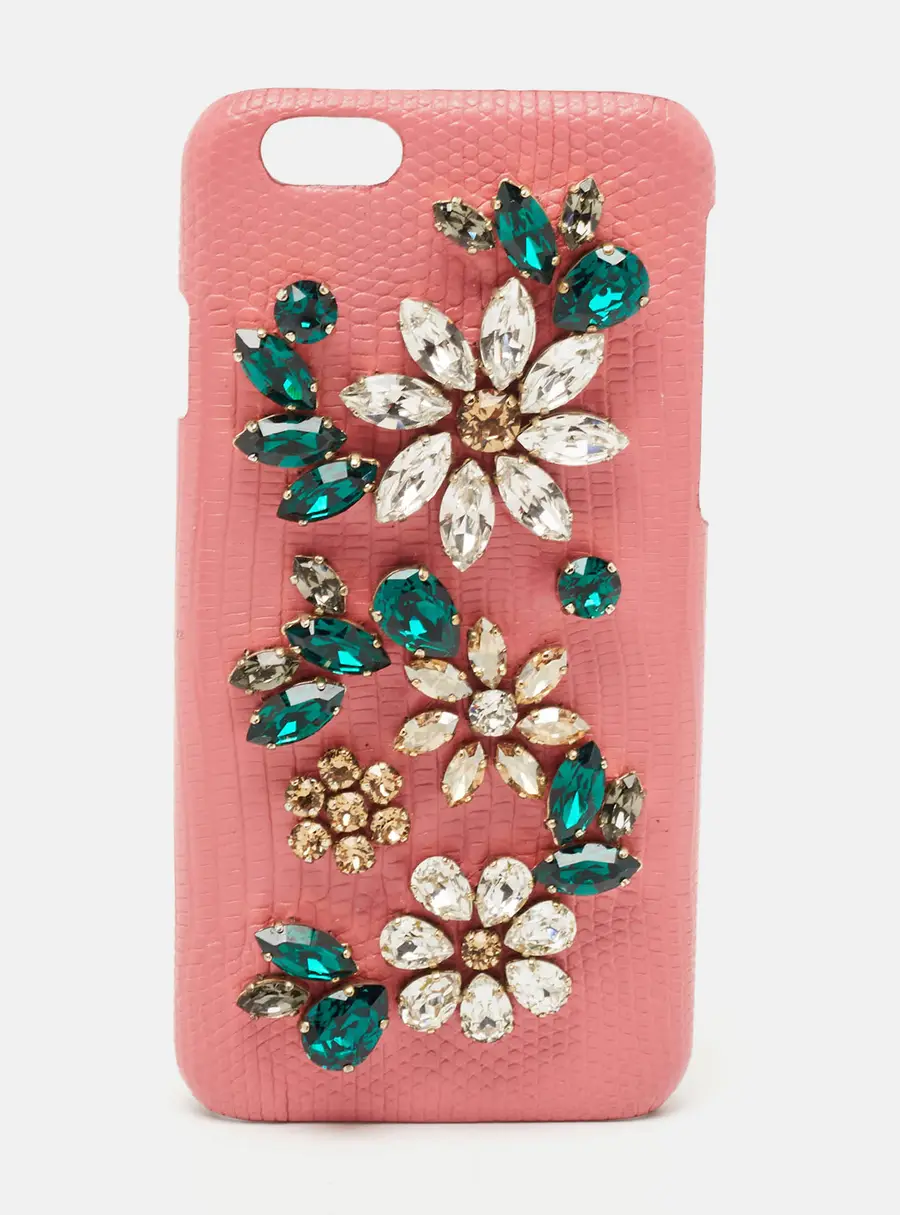 Dolce & Gabbana Pink Lizard Embossed Leather Crystals Embellished iPhone 6 Case