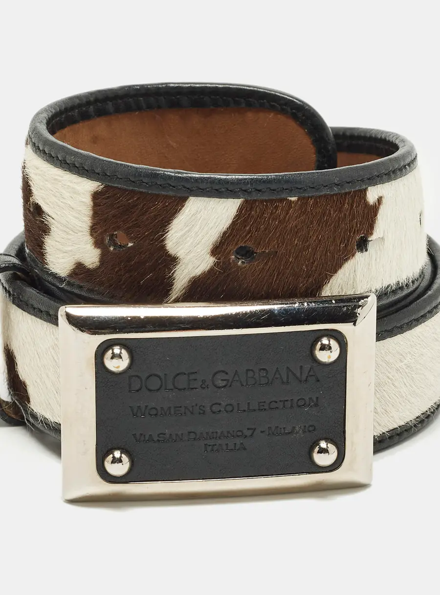 Dolce & Gabbana 85CM Logo Plague Waist Belt Brown Printed Calfhair