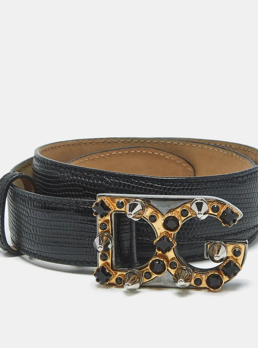 Dolce & Gabbana Logo Studded 70CM Black Lizard Embossed Leather