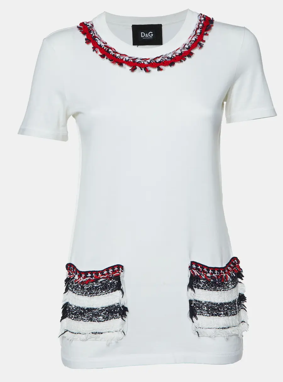 Dolce & Gabbana White Cotton Tweed Trimmed T-Shirt S