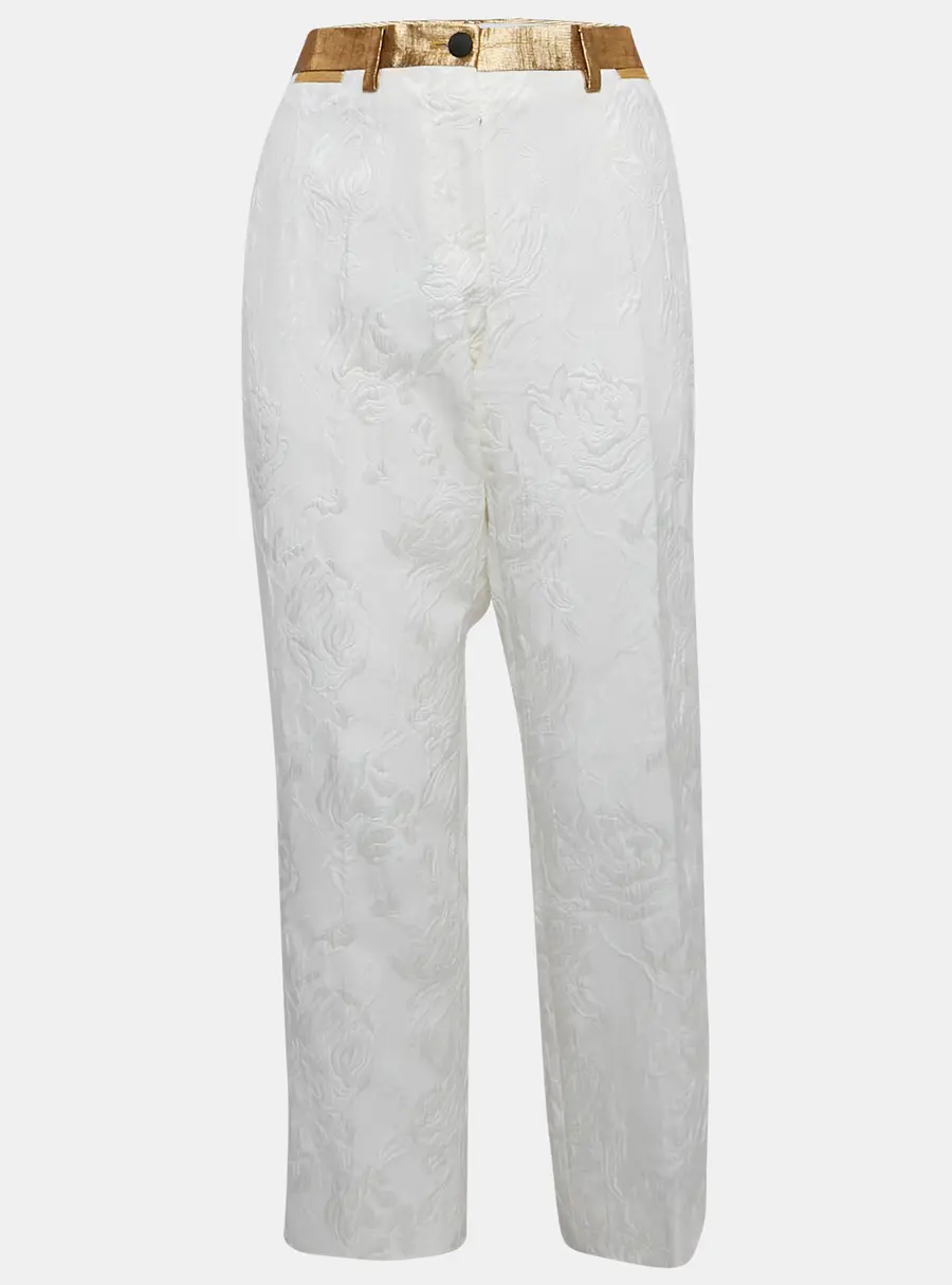 Dolce & Gabbana White Floral Jacquard Contrast Trimmed Trousers M