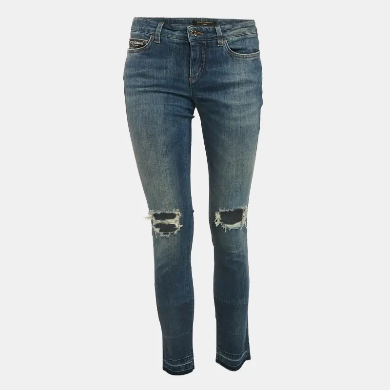 Dolce & Gabbana Blue Logo Applique Denim Ripped Jeans S Waist 29"
