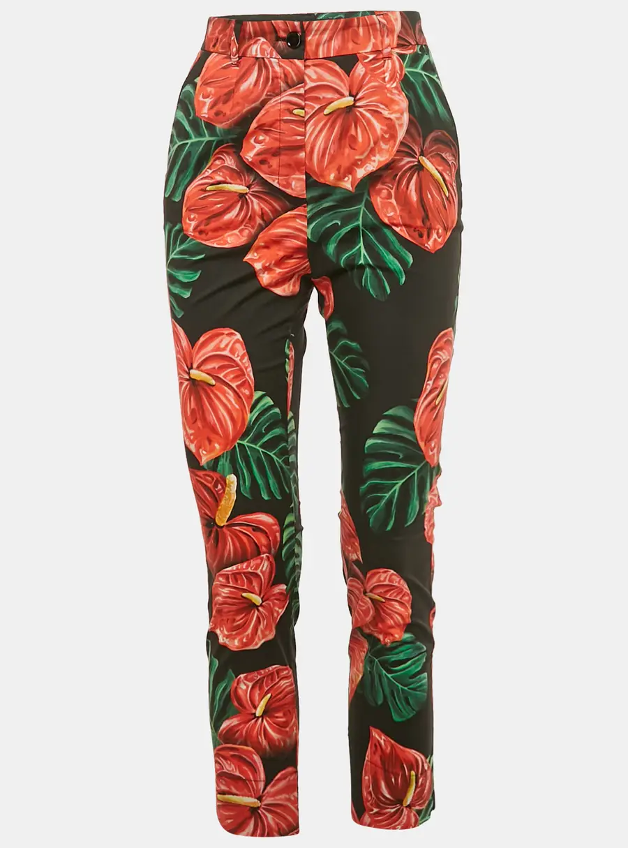 Dolce & Gabbana Black/Red Anthurium Print Cotton Trousers S