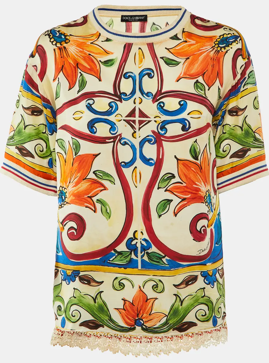 Dolce & Gabbana Multicolor Majolica Print Silk Lace Trim Top S