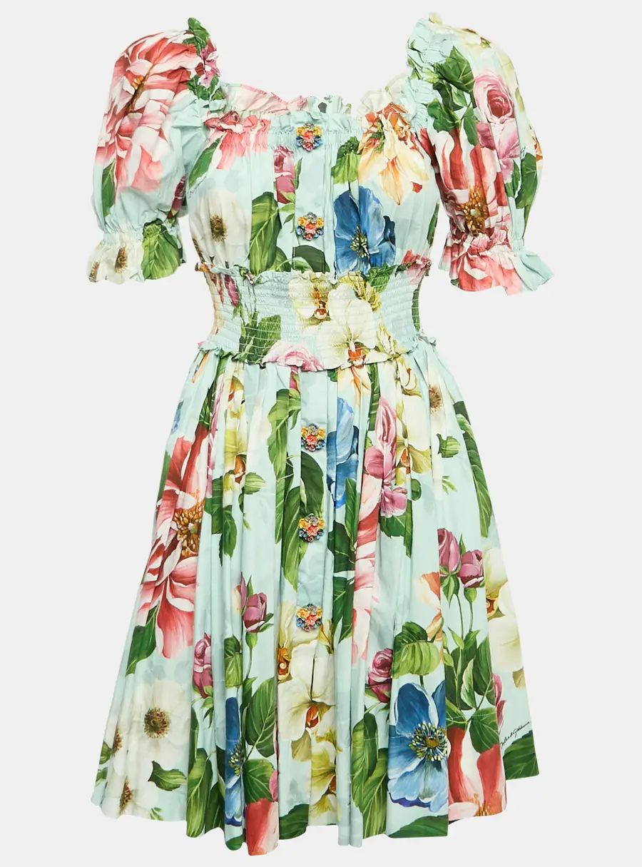 Dolce & Gabbana Blue Floral Print Poplin Shirring Tiered Mini Dress M