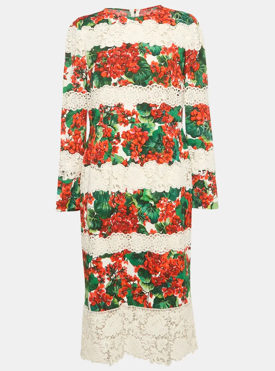 Dolce & Gabbana Multicolor Floral Print Crepe Lace Panel Detail Midi Dress XL