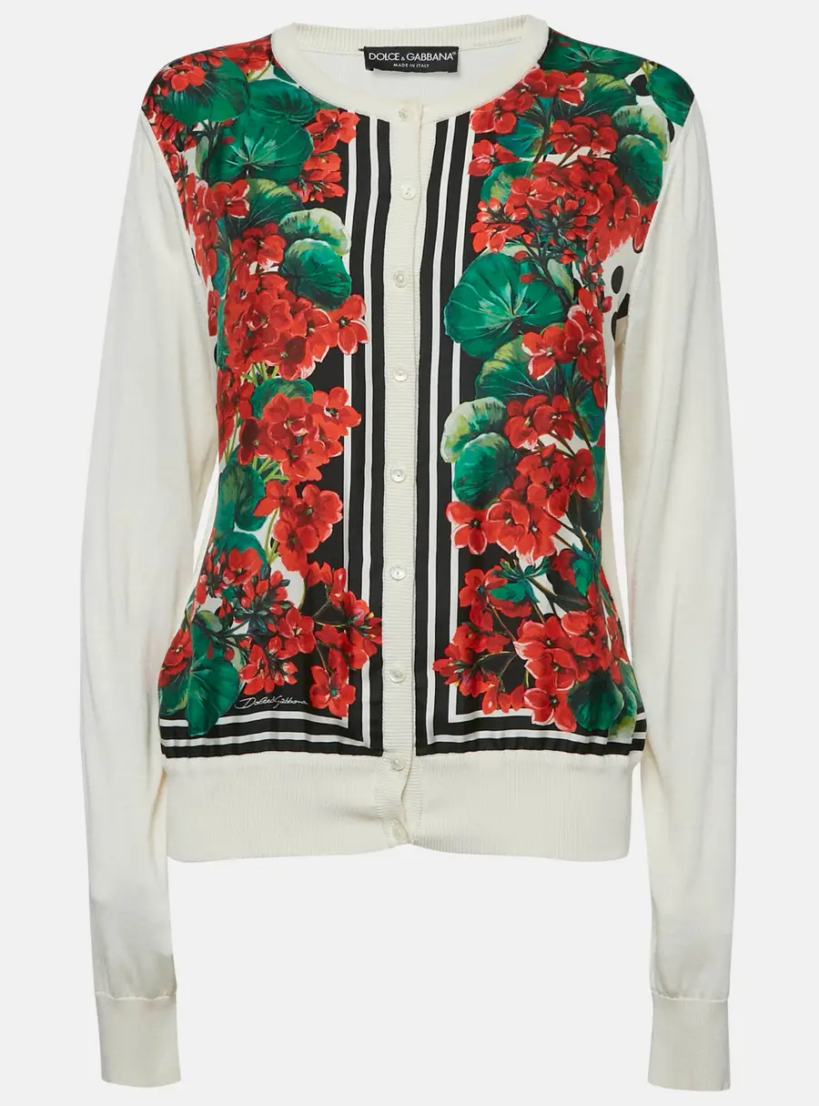 Dolce & Gabbana Cream Printed Silk Cardigan XL