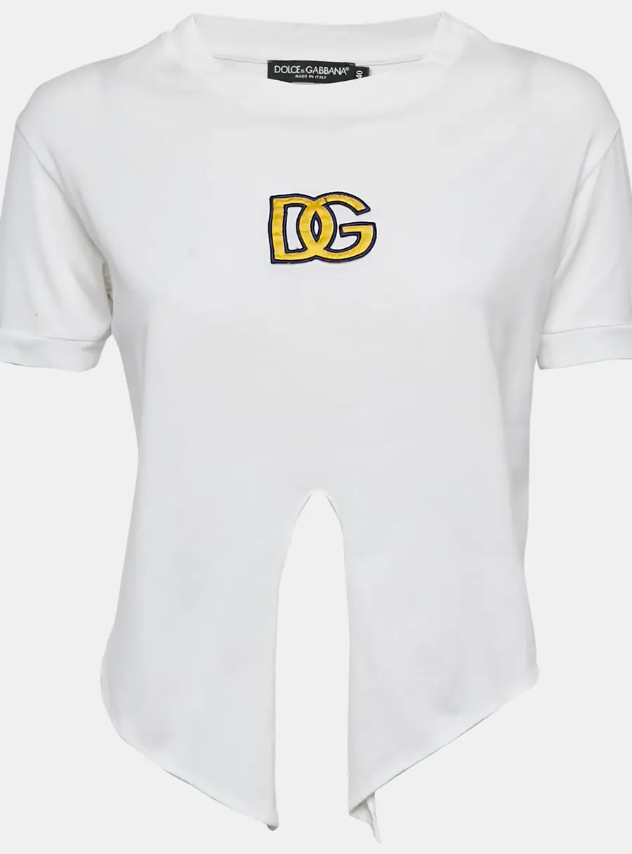 Dolce & Gabbana White Logo Embroidered Jersey Crop T-Shirt S