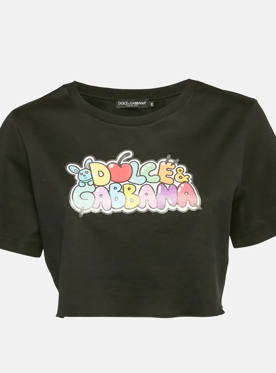 Dolce & Gabbana Black Printed Cotton Crop Top L