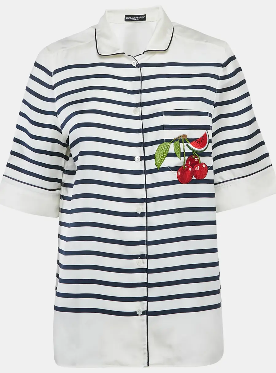 Dolce & Gabbana Ivory Striped Silk Short Sleeve Shirt S