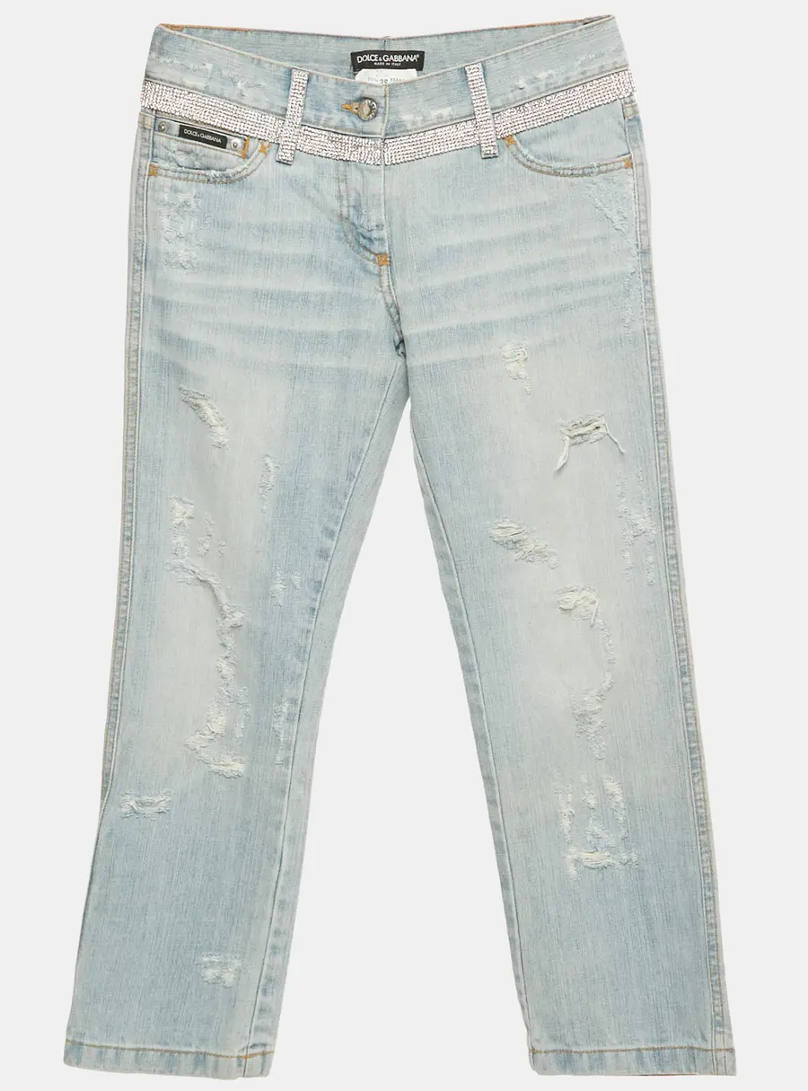 Dolce & Gabbana Blue Distressed Denim Rhinestone Detail Crop Jeans S Waist 29"