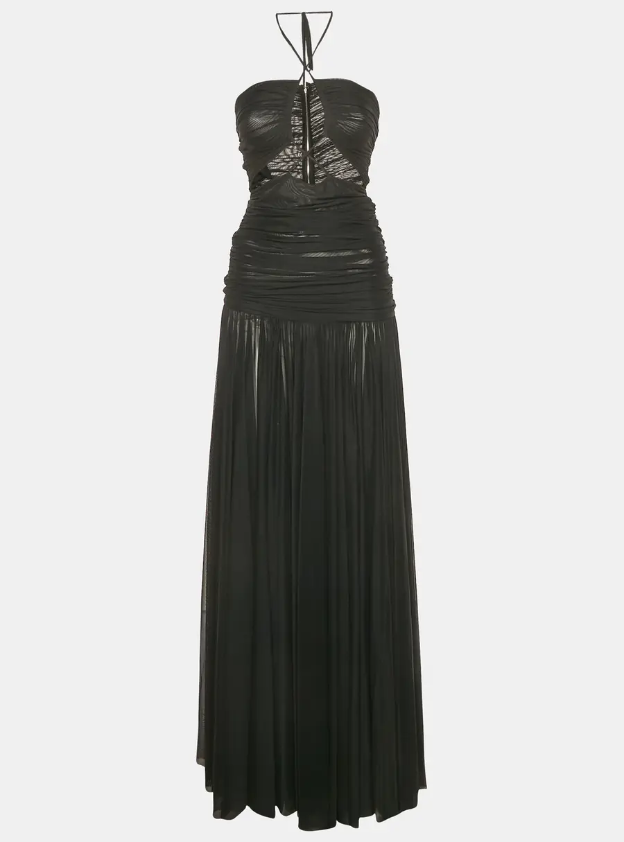 Dolce & Gabbana Black Ruched Mesh Halter Neck Maxi Dress S