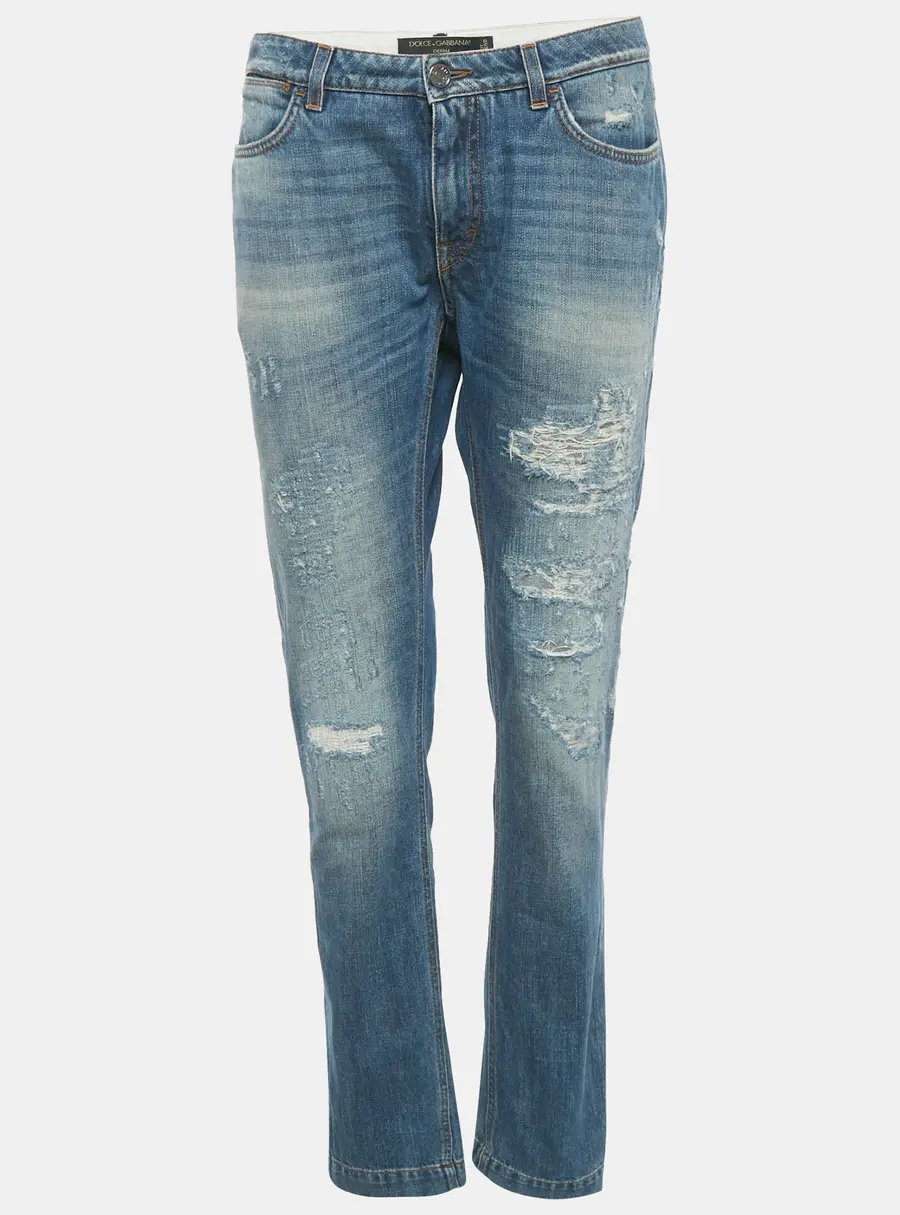 Dolce & Gabbana Blue Denim Distressed Boyfriend Logo Plaque Jeans S Waist 29"