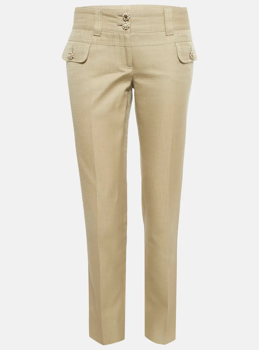 Dolce & Gabbana Beige Cotton Blend Bejeweled Slim Fit Trousers M
