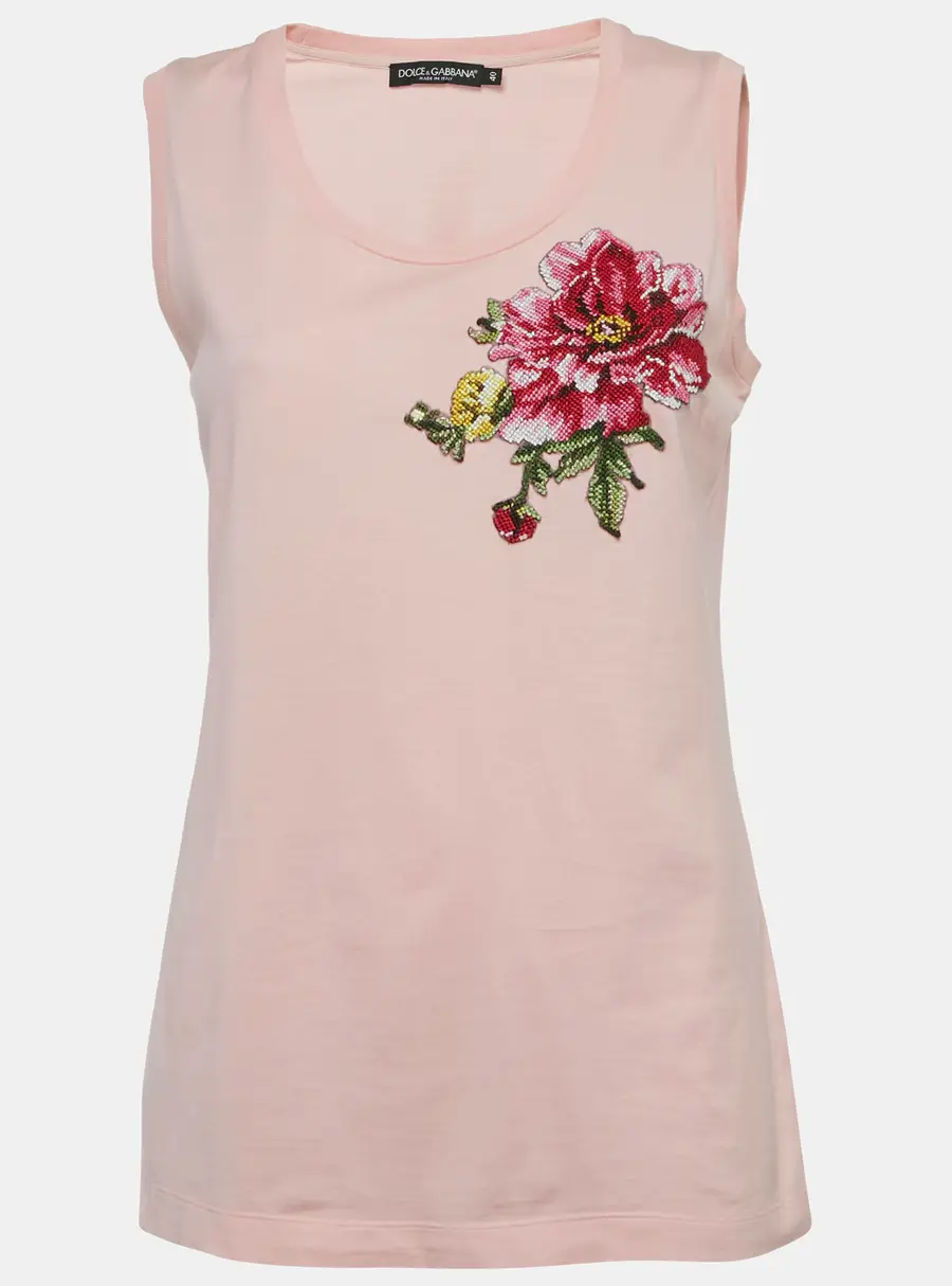 Dolce & Gabbana Pink Floral Embroidered Jersey Tank Top S