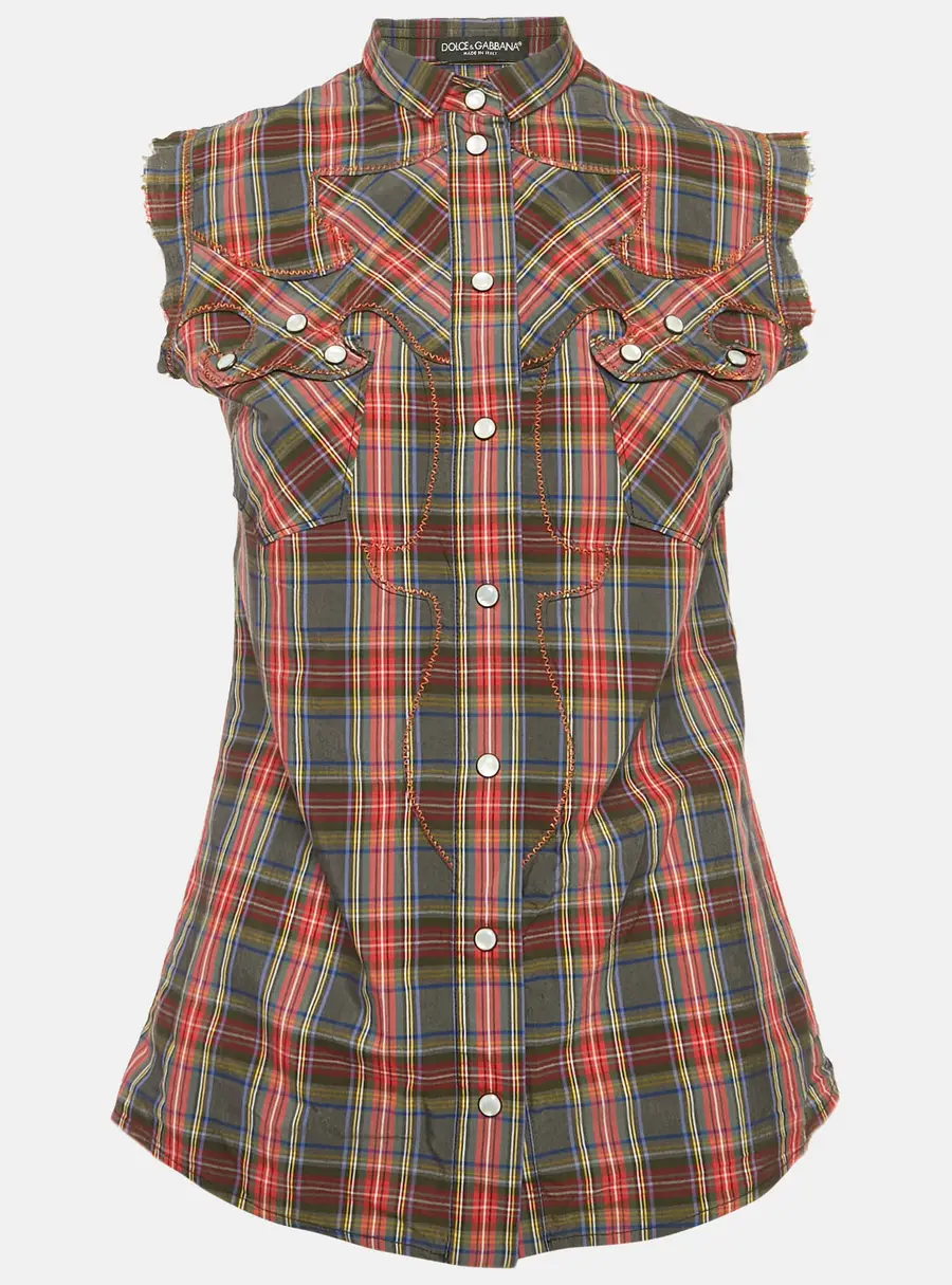 Dolce & Gabbana Grey/Red Plaid Cotton Pearl Snap Button Detail Sleeveless Shirt S