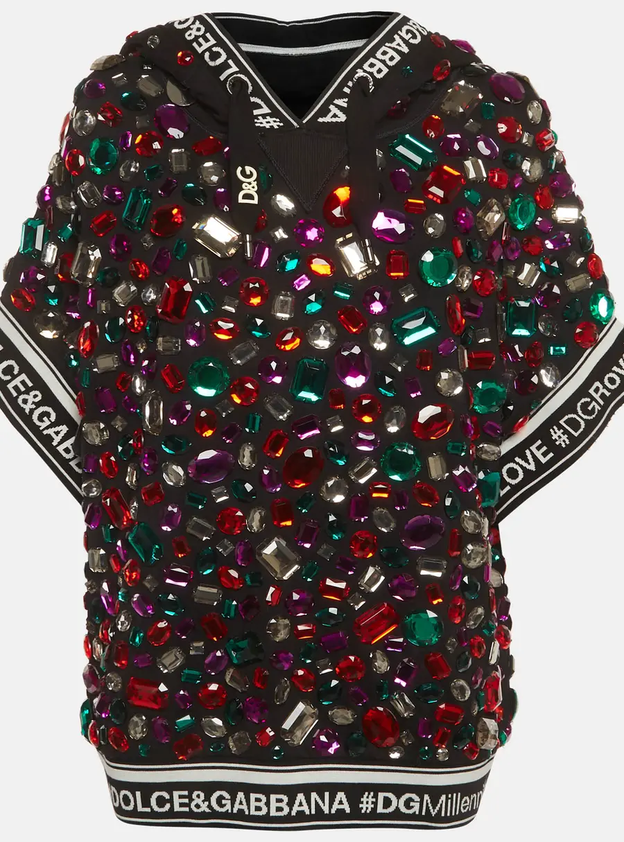 Dolce & Gabbana Black Multicolour Crystal Embellished Short Sleeve Hooded Sweatshirt S