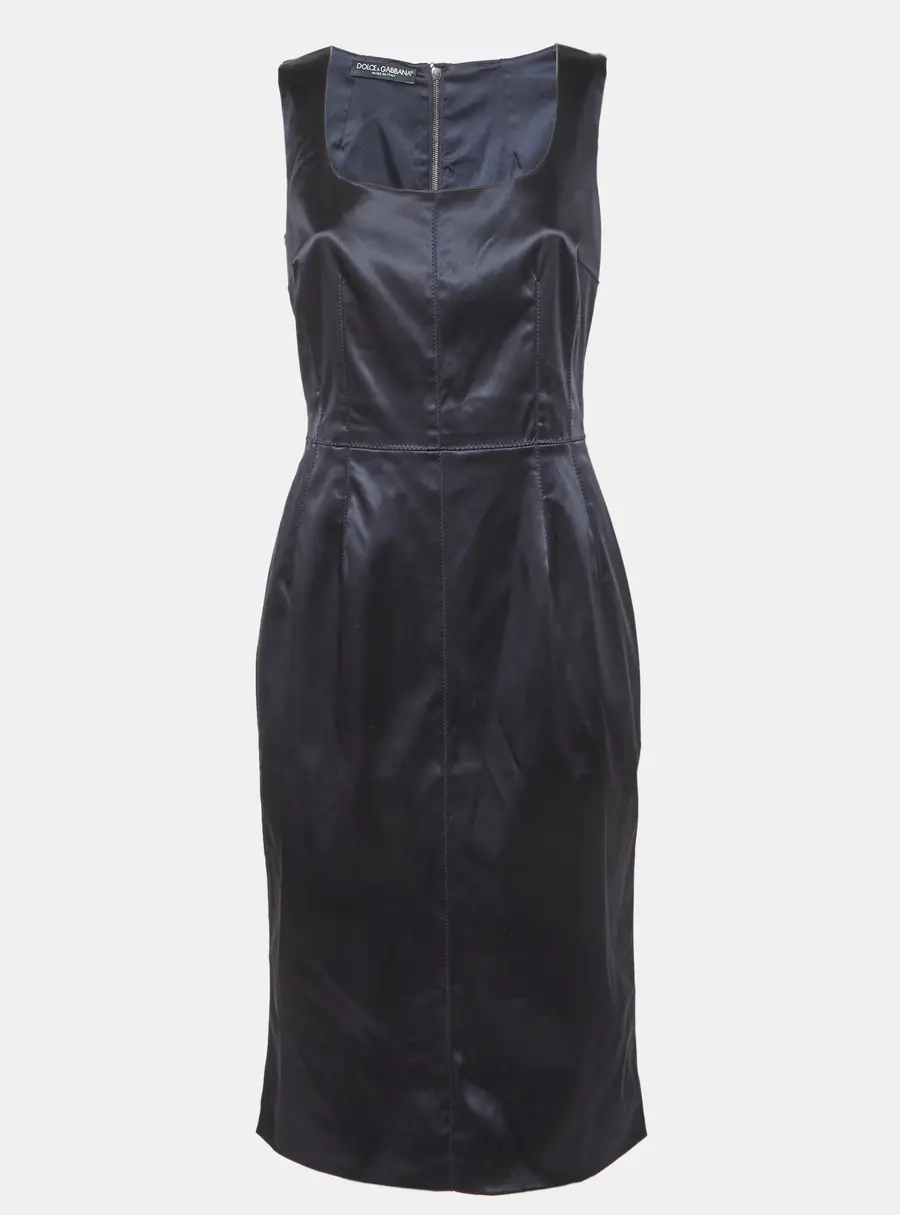 Dolce & Gabbana Navy Blue Satin Sheath Midi Dress M