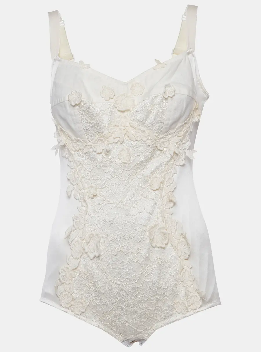 Dolce & Gabbana Cream Silk Blend Lace Detail Bodysuit M