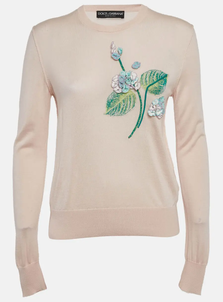 Dolce & Gabbana Pink Floral Applique Cashmere Sweater M