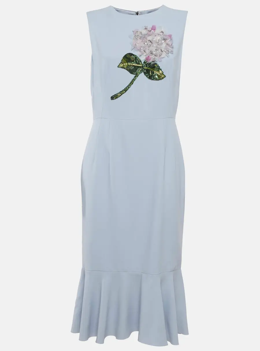Dolce & Gabbana Blue Crepe Hy­dran­gea Em­bel­li­shed Midi Dress L