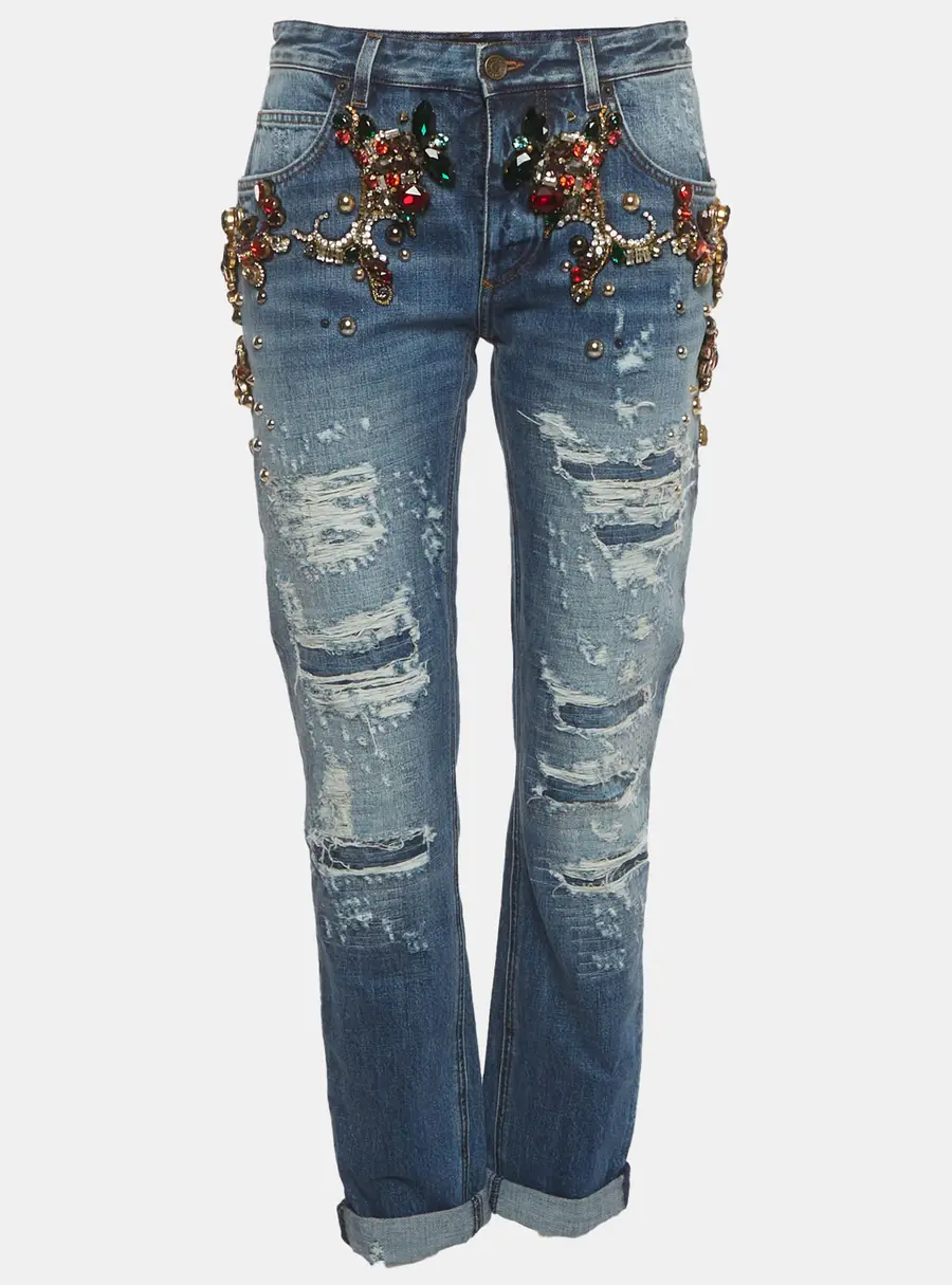 Dolce & Gabbana Blue Distressed Denim Crystal Detail Jeans XS/Waist 28"