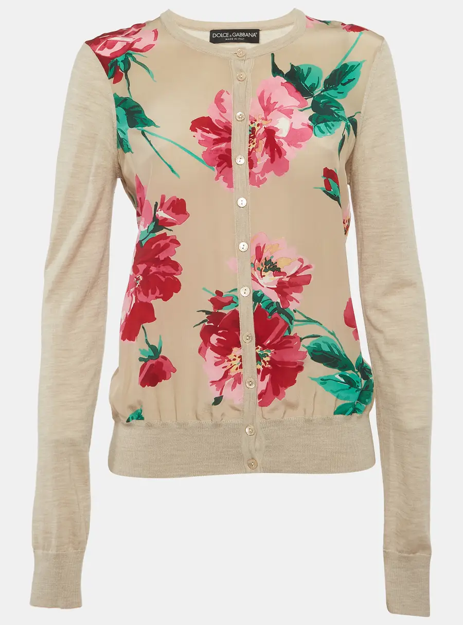 Dolce & Gabbana Beige Floral Print Silk and Knit Cardigan M