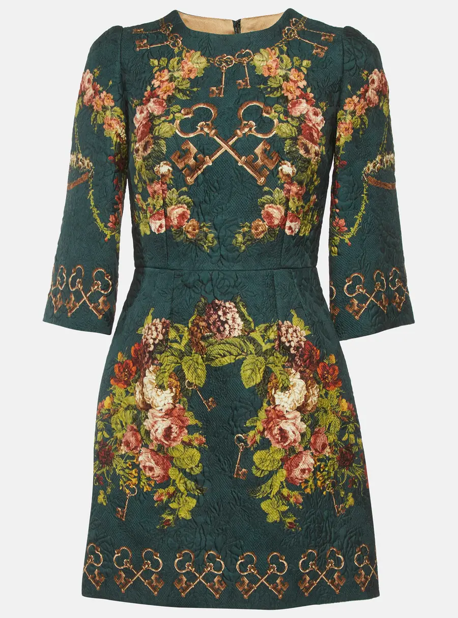 Dolce & Gabbana Bottle Green Floral Print Jacquard Short Dress S