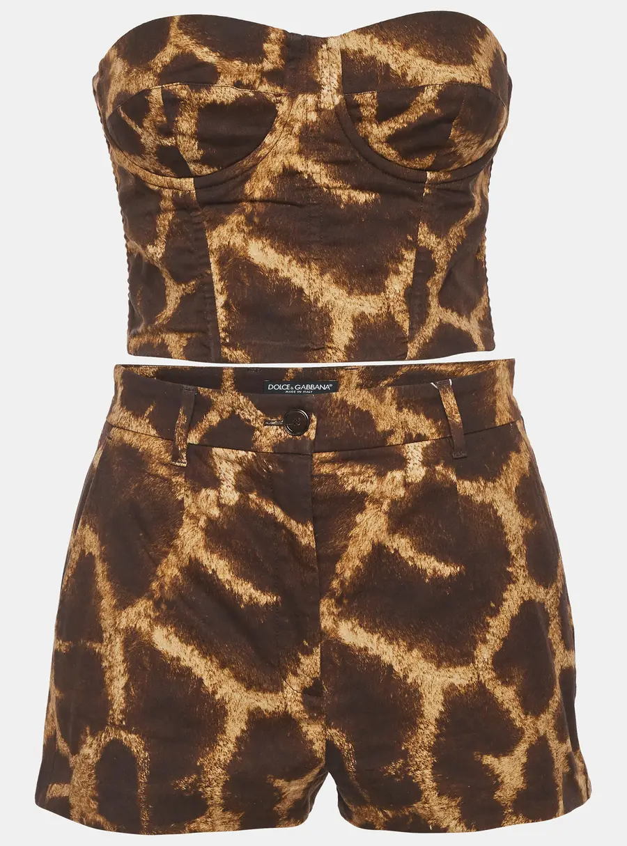 Dolce & Gabbana Brown Giraffe Print Twill Bustier and Shorts Suit S