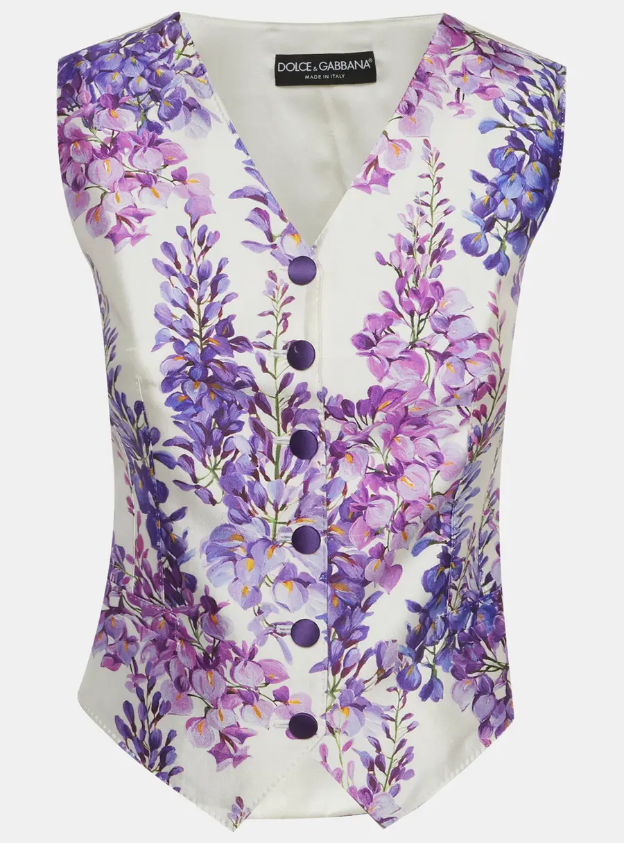 Dolce & Gabbana White Wisteria Print Silk Blend Vest S