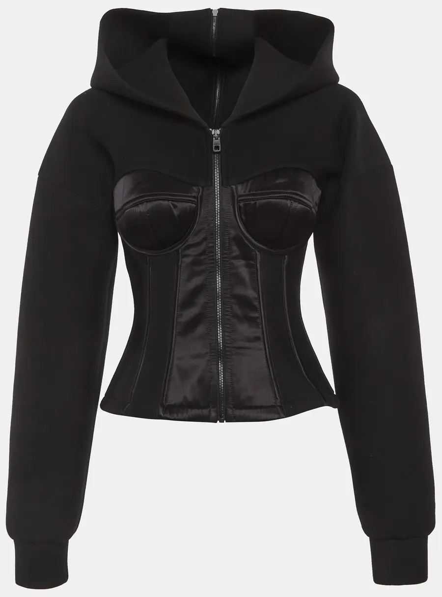 Dolce & Gabbana Black Neoprene Bustier Detail Hooded Jacket S