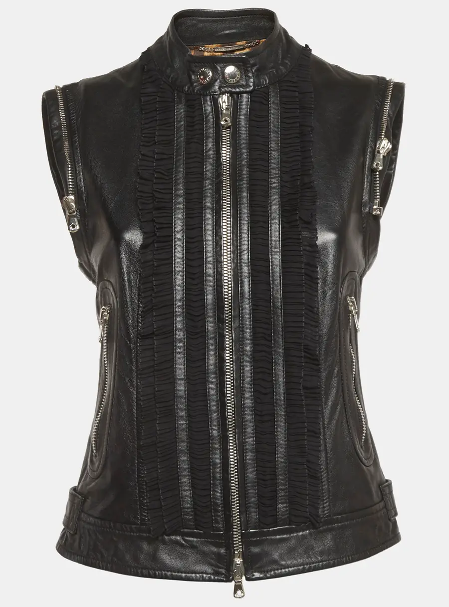 Dolce & Gabbana Black Leather and Silk Ruffled Sleeveless Jacket M