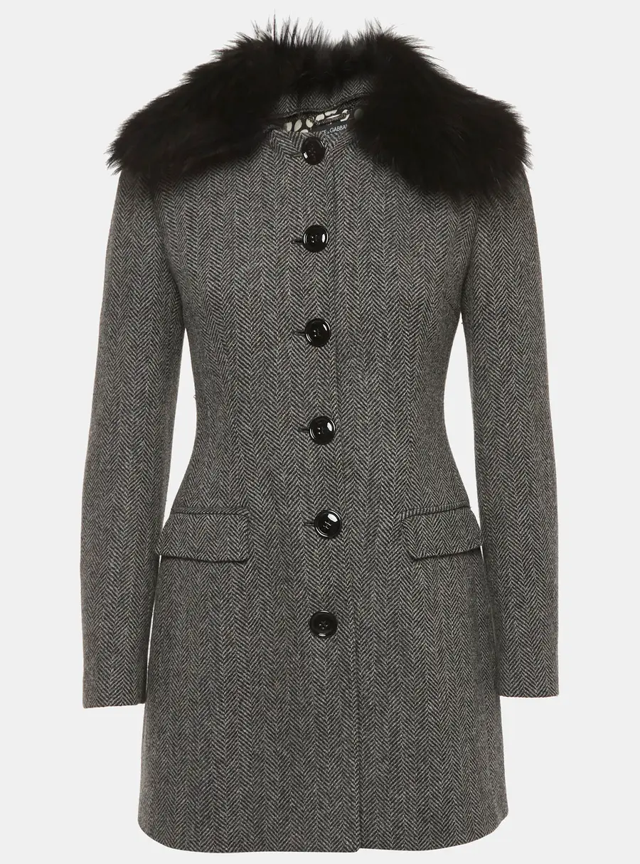 Dolce & Gabbana Grey Herringbone Wool Fur Collar Coat S