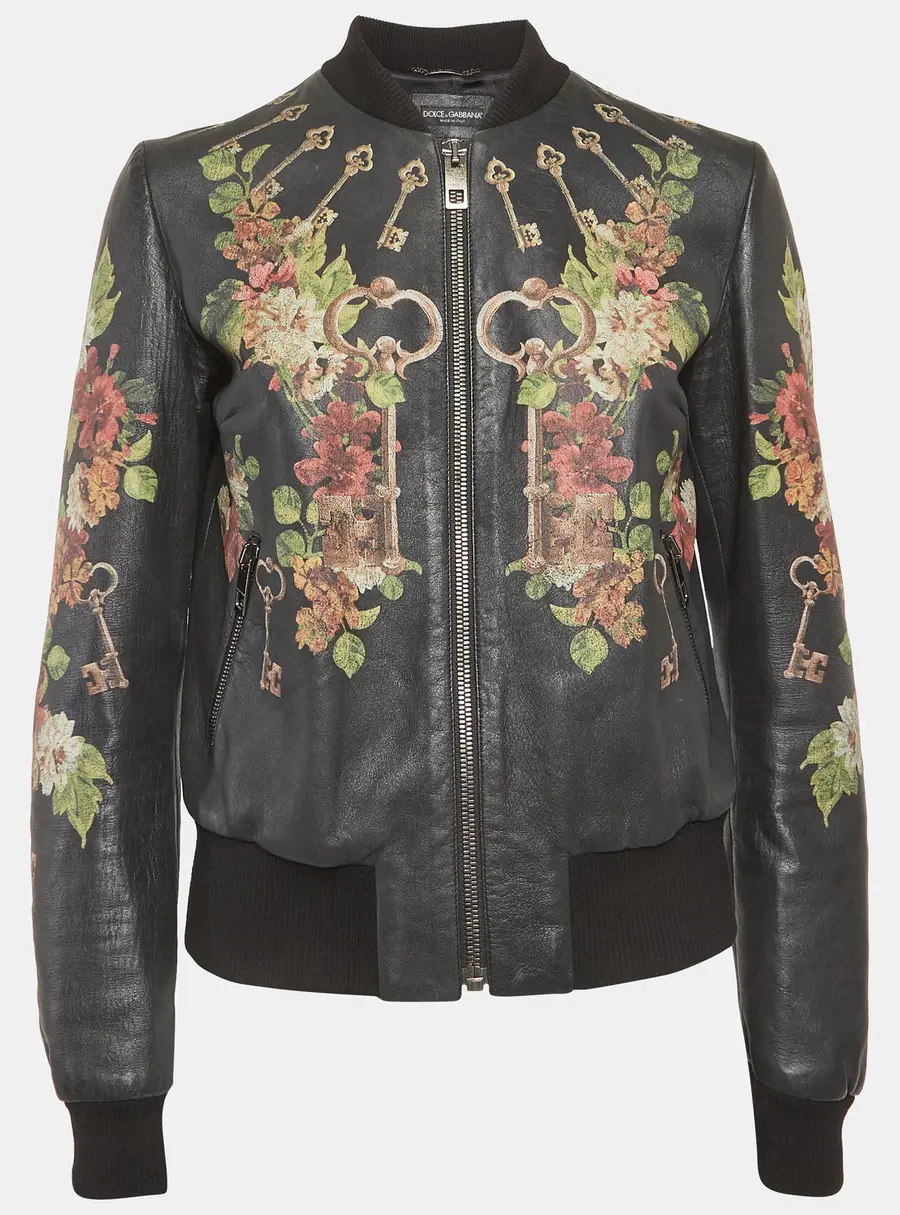 Dolce & Gabbana Black Floral Print Leather Bomber Jacket M