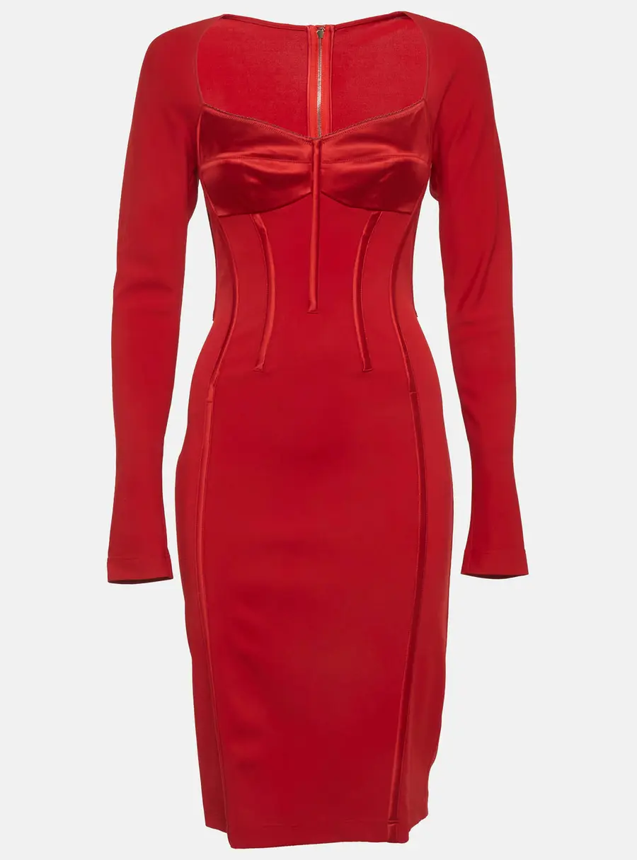 Dolce & Gabbana Red Stretch Knit and Satin Long Sleeves Corset Dress S
